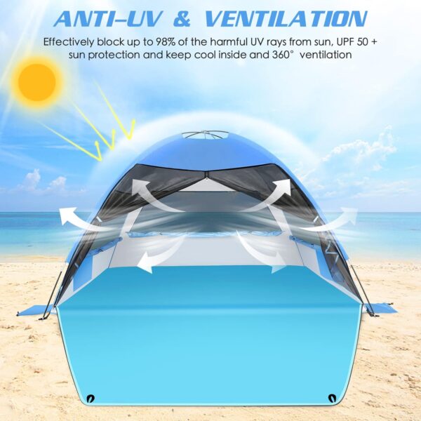 Large Easy Setup Beach Tent,Anti-UV Beach Shade Shelter Beach Canopy Tent Sun Shade with Extended Floor & 3 Mesh Roll Up Windows Fits 3-4 Person,Portable Shade Tent for Outdoor Camping Fishing (Blue)