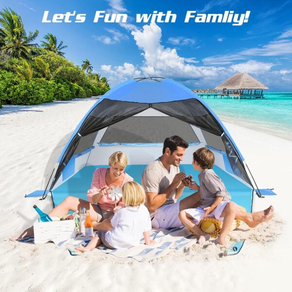 Large Easy Setup Beach Tent,Anti-UV Beach Shade Shelter Beach Canopy Tent Sun Shade with Extended Floor & 3 Mesh Roll Up Windows Fits 3-4 Person,Portable Shade Tent for Outdoor Camping Fishing (Blue)