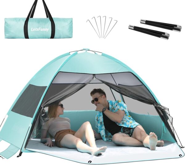 Large Easy Setup Beach Tent,Anti-UV Beach Shade Shelter Beach Canopy Tent Sun Shade with Extended Floor & 3 Mesh Roll Up Windows Fits 3-4 Person,Portable Shade Tent for Outdoor Camping Fishing (Blue)