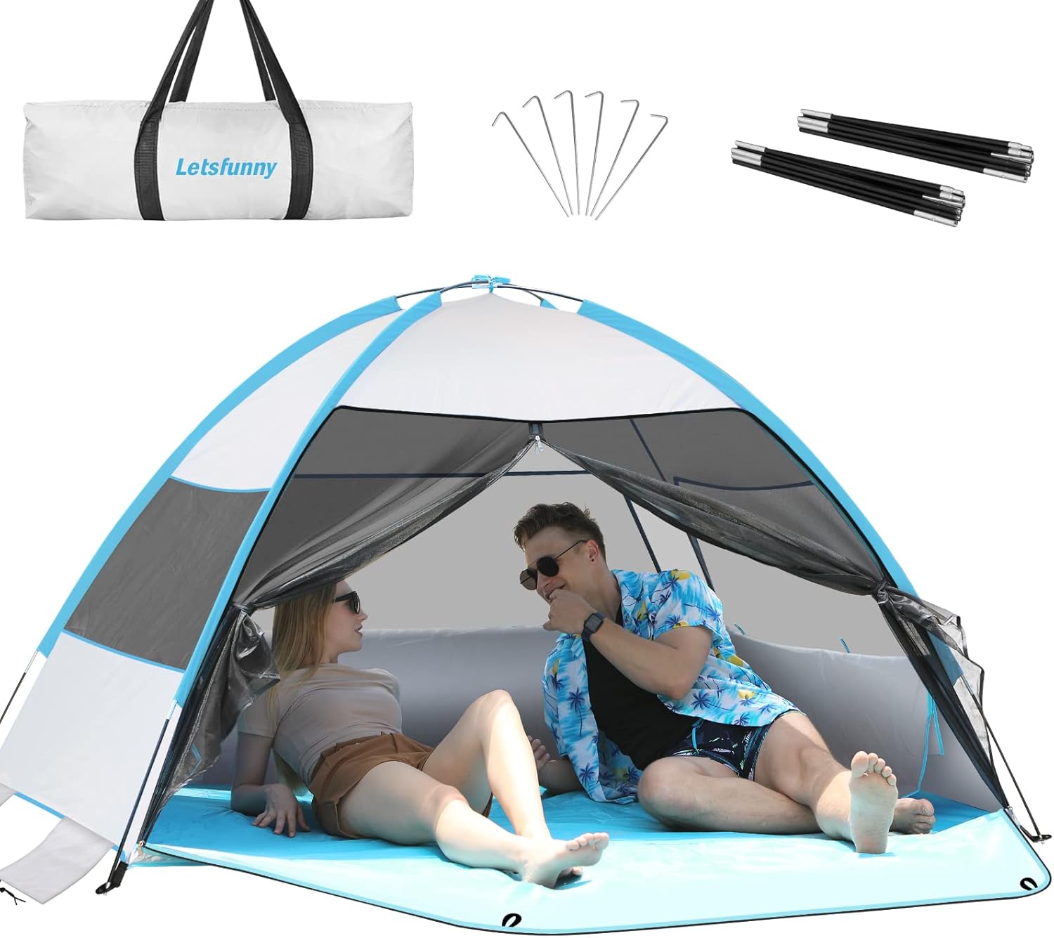 Large Easy Setup Beach Tent,Anti-UV Beach Shade Shelter Beach Canopy Tent Sun Shade with Extended Floor & 3 Mesh Roll Up Windows Fits 3-4 Person,Portable Shade Tent for Outdoor Camping Fishing (Blue)