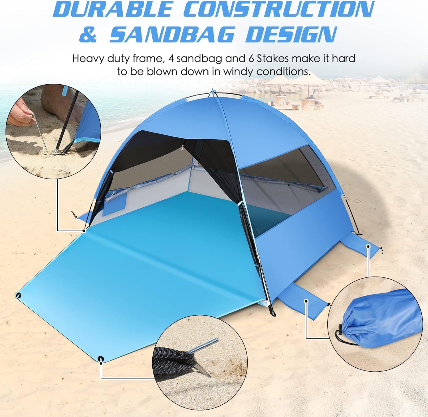 Large Easy Setup Beach Tent,Anti-UV Beach Shade Shelter Beach Canopy Tent Sun Shade with Extended Floor & 3 Mesh Roll Up Windows Fits 3-4 Person,Portable Shade Tent for Outdoor Camping Fishing (Blue)