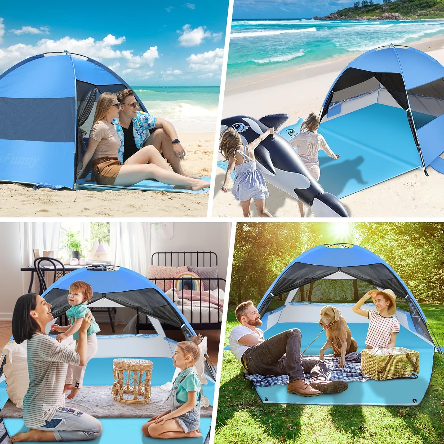 Large Easy Setup Beach Tent,Anti-UV Beach Shade Shelter Beach Canopy Tent Sun Shade with Extended Floor & 3 Mesh Roll Up Windows Fits 3-4 Person,Portable Shade Tent for Outdoor Camping Fishing (Blue)