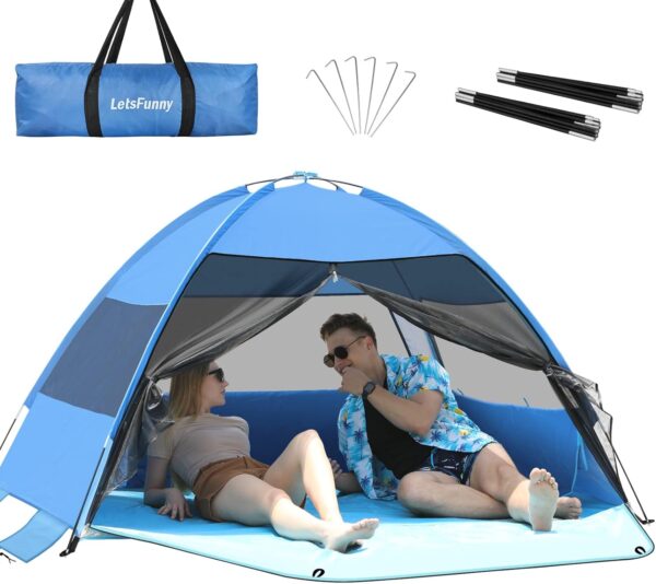 Large Easy Setup Beach Tent,Anti-UV Beach Shade Shelter Beach Canopy Tent Sun Shade with Extended Floor & 3 Mesh Roll Up Windows Fits 3-4 Person,Portable Shade Tent for Outdoor Camping Fishing (Blue)