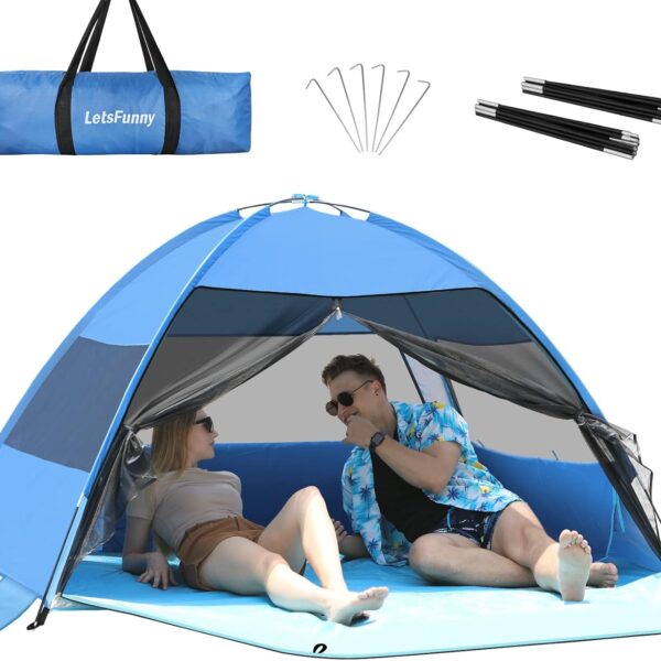 Large Easy Setup Beach Tent,Anti-UV Beach Shade Shelter Beach Canopy Tent Sun Shade with Extended Floor & 3 Mesh Roll Up Windows Fits 3-4 Person,Portable Shade Tent for Outdoor Camping Fishing (Blue)