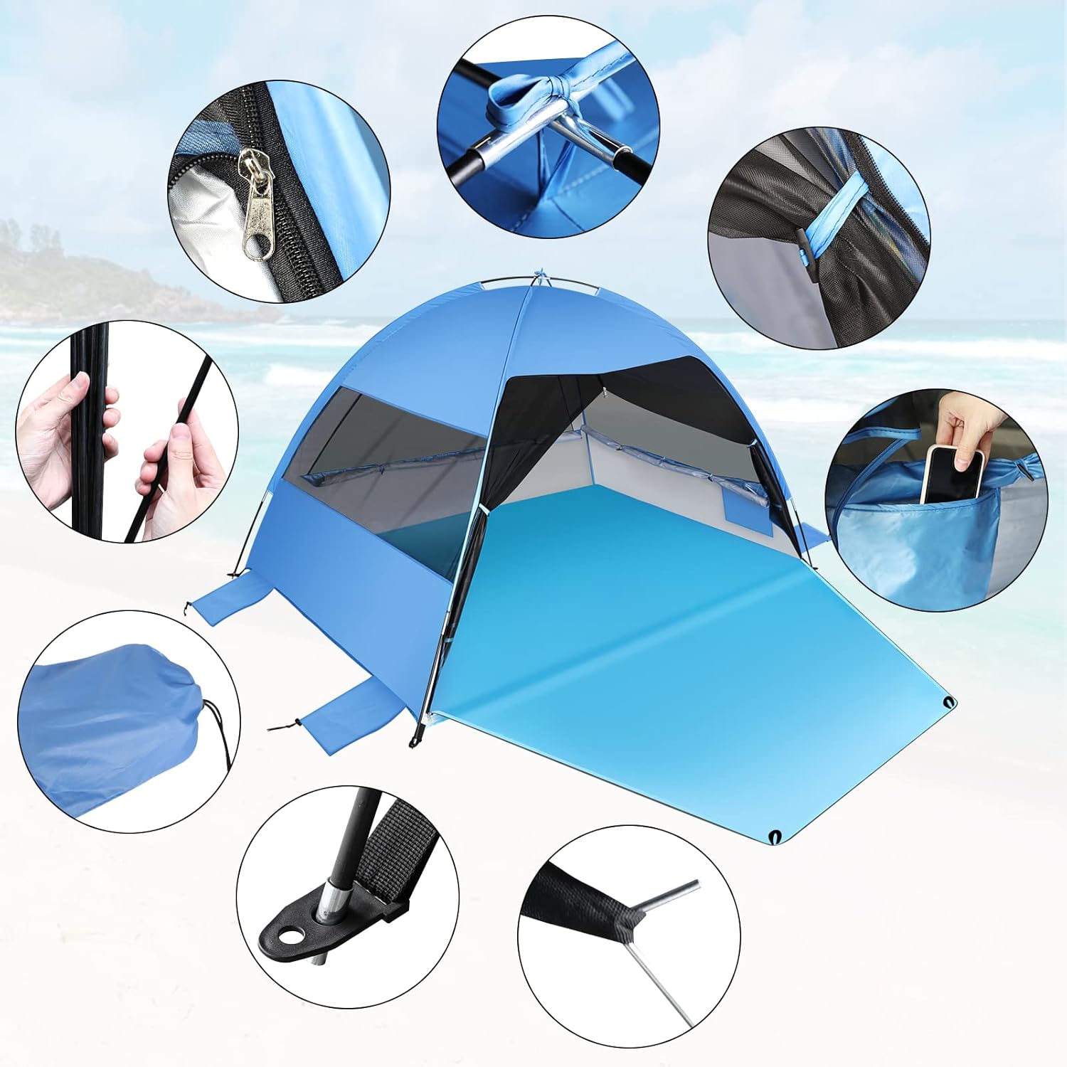 Large Easy Setup Beach Tent,Anti-UV Beach Shade Shelter Beach Canopy Tent Sun Shade with Extended Floor & 3 Mesh Roll Up Windows Fits 3-4 Person,Portable Shade Tent for Outdoor Camping Fishing (Blue)