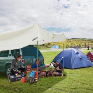 LAZZO 14 x 17FT Camping Tent Tarps with Poles Portable Car Awning Sun Shelter SUV Tailgate Shade Tent Truck Canopy for Camping Road Trip,Hiking,Backpacking and Traveling Beige (White)