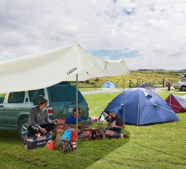 LAZZO 14 x 17FT Camping Tent Tarps with Poles Portable Car Awning Sun Shelter SUV Tailgate Shade Tent Truck Canopy for Camping Road Trip,Hiking,Backpacking and Traveling Beige (White)