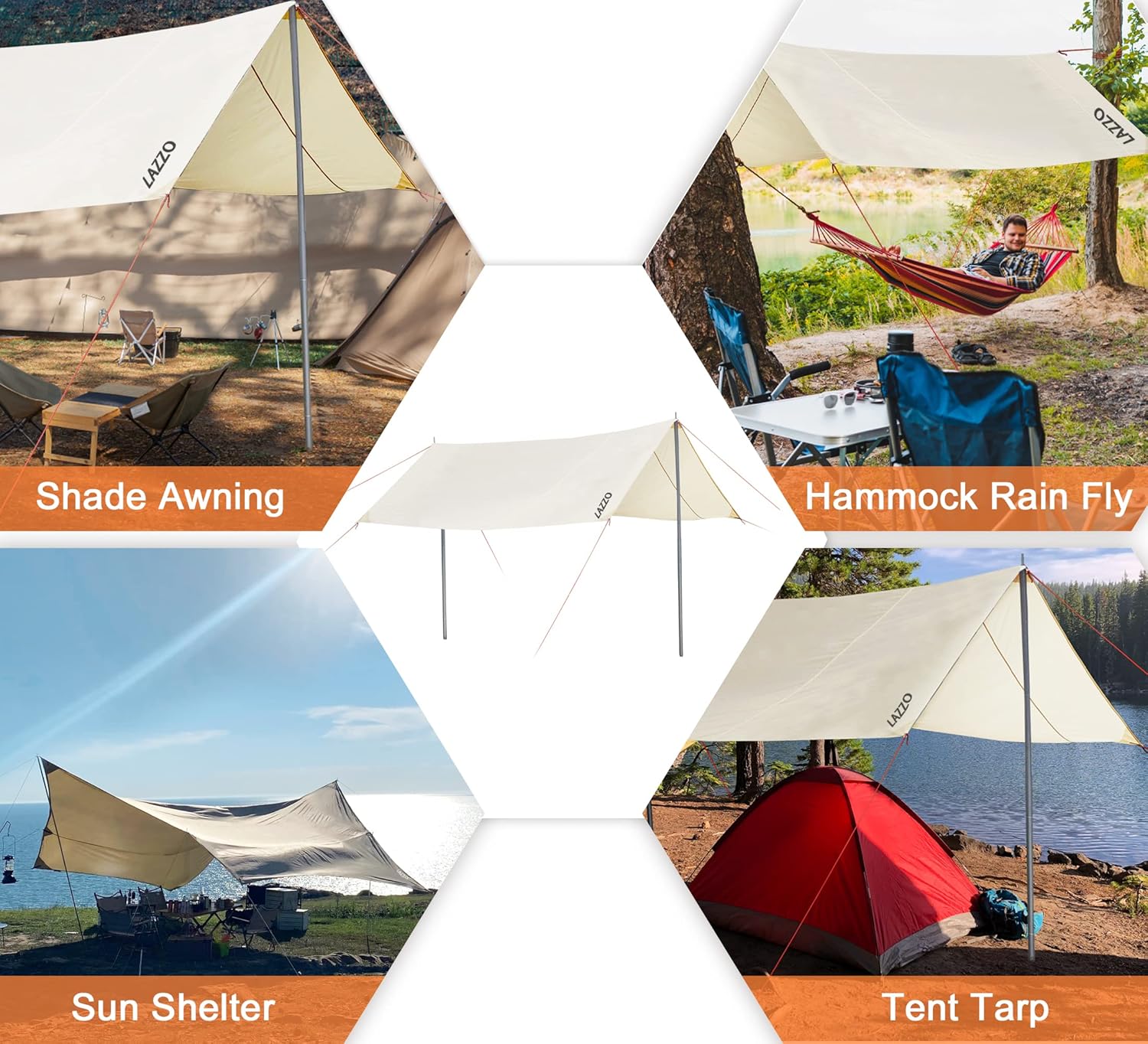 LAZZO 14 x 17FT Camping Tent Tarps with Poles Portable Car Awning Sun Shelter SUV Tailgate Shade Tent Truck Canopy for Camping Road Trip,Hiking,Backpacking and Traveling Beige (White)