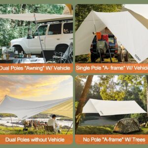 LAZZO 14 x 17FT Camping Tent Tarps with Poles Portable Car Awning Sun Shelter SUV Tailgate Shade Tent Truck Canopy for Camping Road Trip,Hiking,Backpacking and Traveling Beige (White)