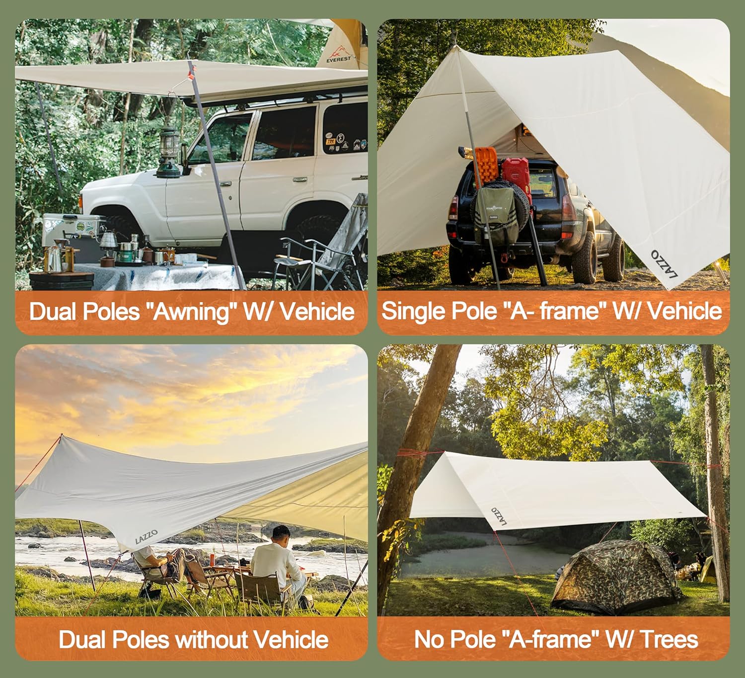 LAZZO 14 x 17FT Camping Tent Tarps with Poles Portable Car Awning Sun Shelter SUV Tailgate Shade Tent Truck Canopy for Camping Road Trip,Hiking,Backpacking and Traveling Beige (White)