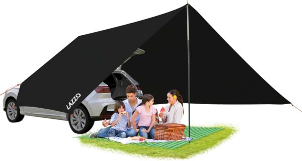 LAZZO 14 x 17FT Camping Tent Tarps with Poles Portable Car Awning Sun Shelter SUV Tailgate Shade Tent Truck Canopy for Camping Road Trip,Hiking,Backpacking and Traveling Beige (White)