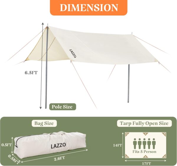 LAZZO 14 x 17FT Camping Tent Tarps with Poles Portable Car Awning Sun Shelter SUV Tailgate Shade Tent Truck Canopy for Camping Road Trip,Hiking,Backpacking and Traveling Beige (White)