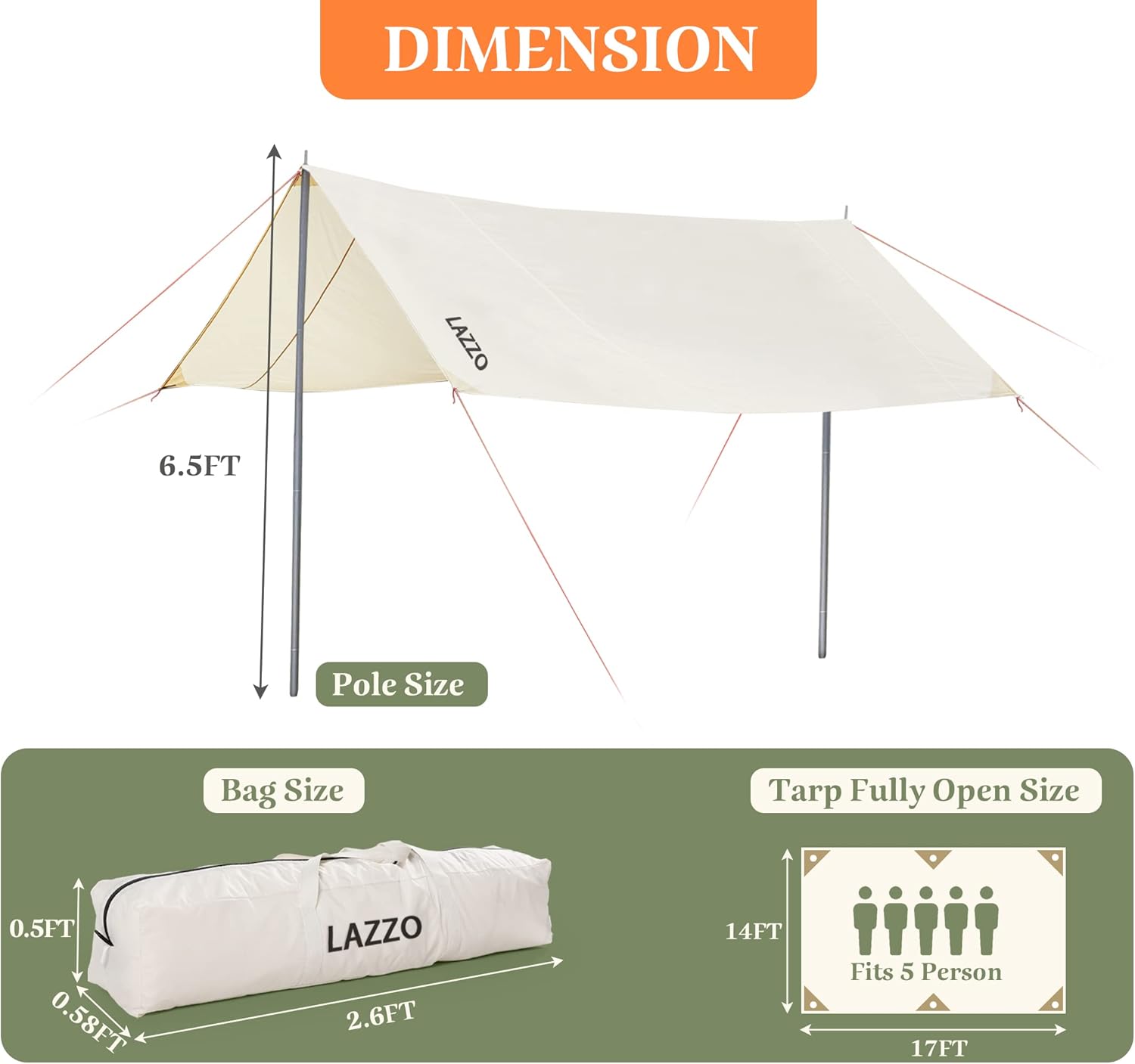 LAZZO 14 x 17FT Camping Tent Tarps with Poles Portable Car Awning Sun Shelter SUV Tailgate Shade Tent Truck Canopy for Camping Road Trip,Hiking,Backpacking and Traveling Beige (White)