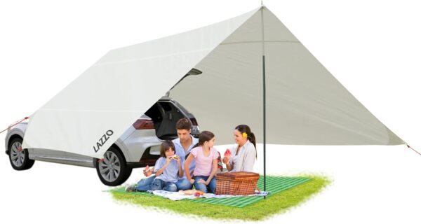 LAZZO 14 x 17FT Camping Tent Tarps with Poles Portable Car Awning Sun Shelter SUV Tailgate Shade Tent Truck Canopy for Camping Road Trip,Hiking,Backpacking and Traveling Beige (White)