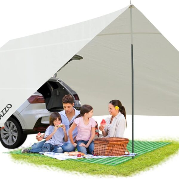 LAZZO 14 x 17FT Camping Tent Tarps with Poles Portable Car Awning Sun Shelter SUV Tailgate Shade Tent Truck Canopy for Camping Road Trip,Hiking,Backpacking and Traveling Beige (White)