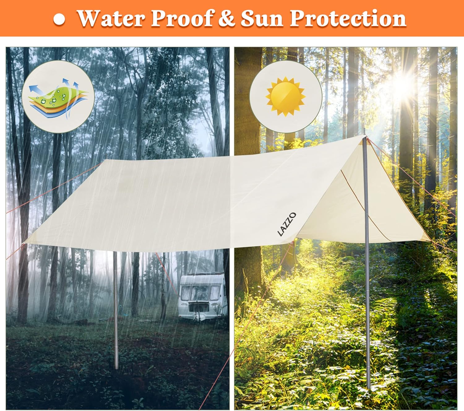 LAZZO 14 x 17FT Camping Tent Tarps with Poles Portable Car Awning Sun Shelter SUV Tailgate Shade Tent Truck Canopy for Camping Road Trip,Hiking,Backpacking and Traveling Beige (White)