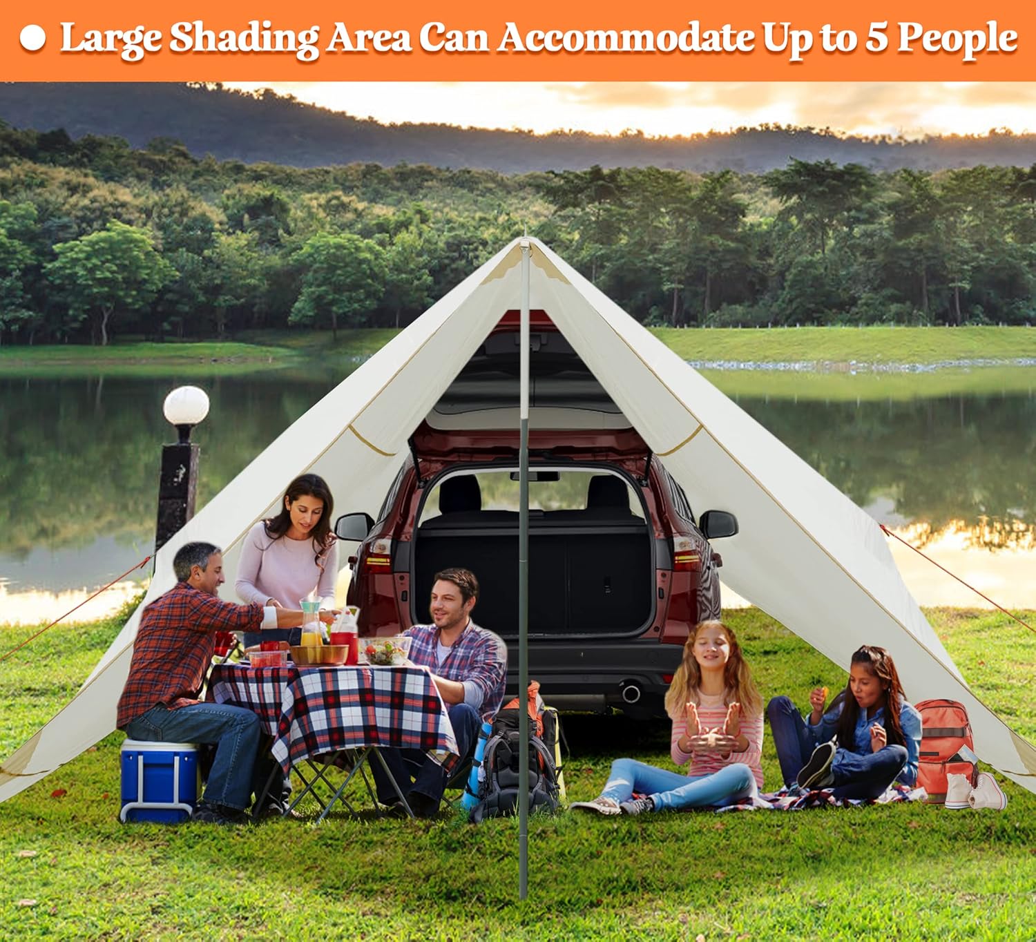 LAZZO 14 x 17FT Camping Tent Tarps with Poles Portable Car Awning Sun Shelter SUV Tailgate Shade Tent Truck Canopy for Camping Road Trip,Hiking,Backpacking and Traveling Beige (White)
