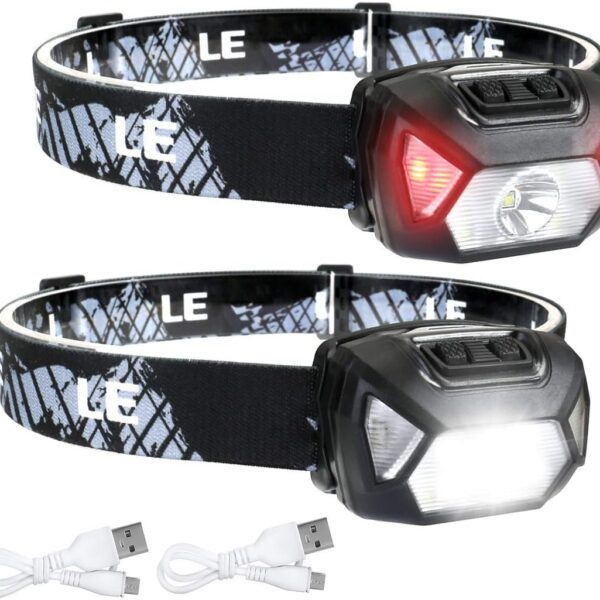 LE 320014-2 Rechargeable Headlamp - IPX4 Waterproof Headlight Flashlights with 6 Modes, Camping & Hiking Gear Essentials, 2 Pack