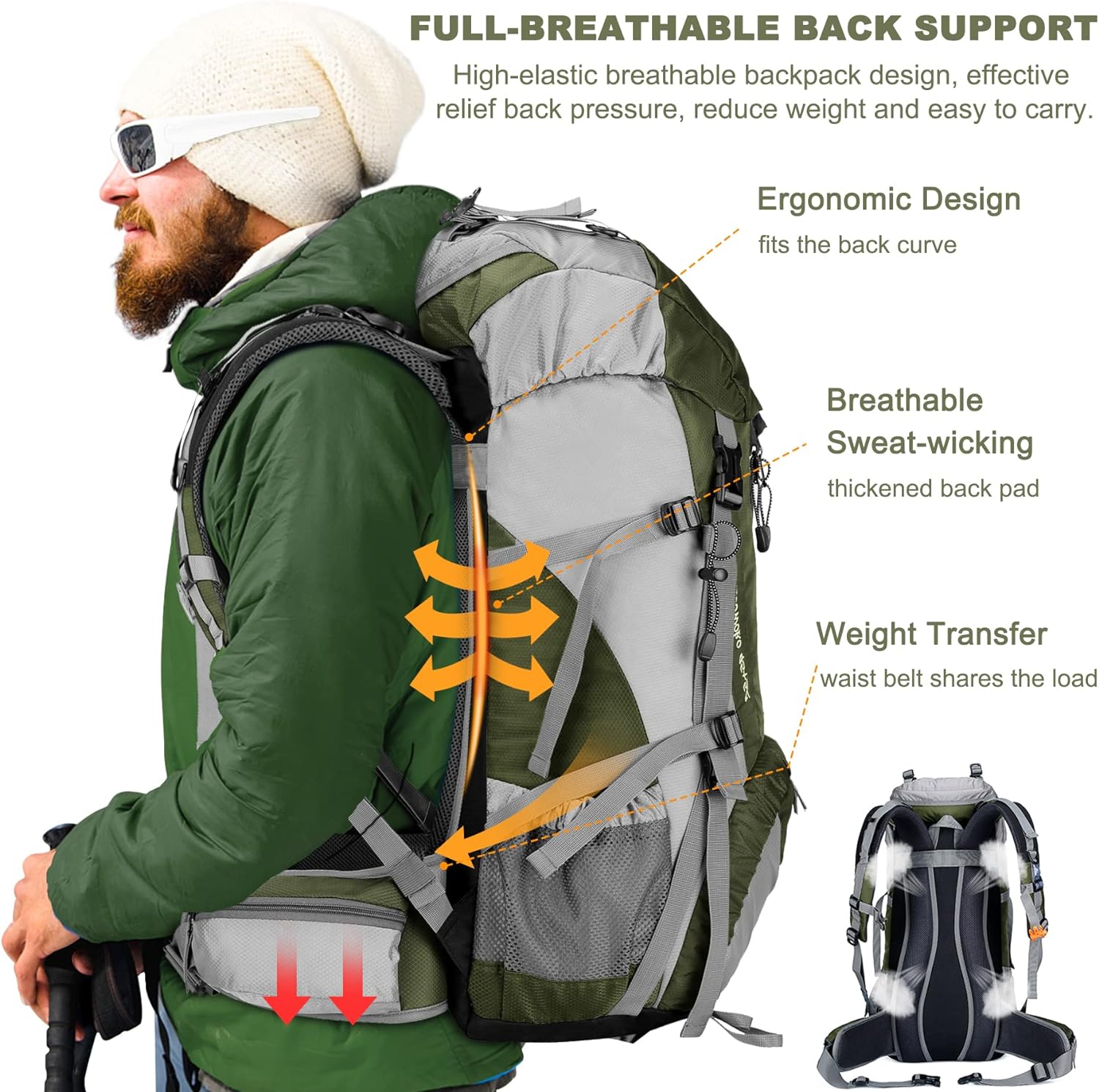 Loowoko 50L Hiking Backpack, Waterproof Camping Essentials Bag with Rain Cover, 45+5 Liter Lightweight Backpacking Back Pack