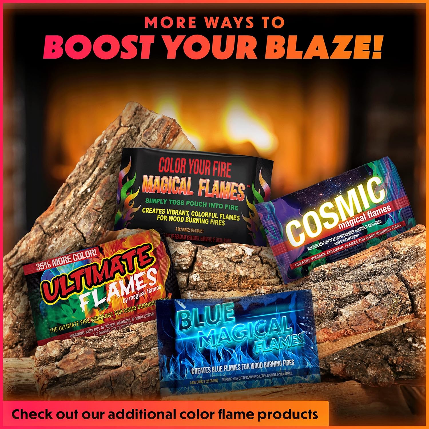 Magical Flames Fire Color Changing Packets - Fire Pit, Campfires, Outdoor Fireplaces - Hue-Changing Cosmic Flame Powder - Camping Accessories for Kids & Adults - 12 Pack