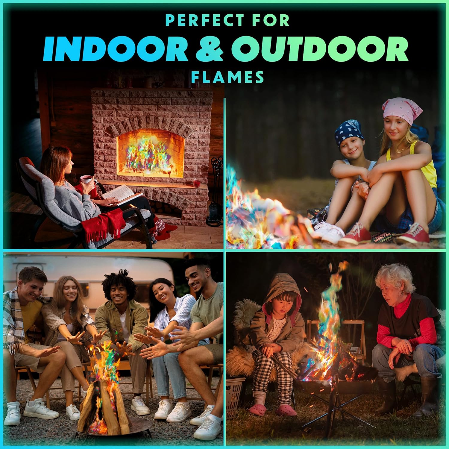 Magical Flames Fire Color Changing Packets - Fire Pit, Campfires, Outdoor Fireplaces - Hue-Changing Cosmic Flame Powder - Camping Accessories for Kids & Adults - 12 Pack