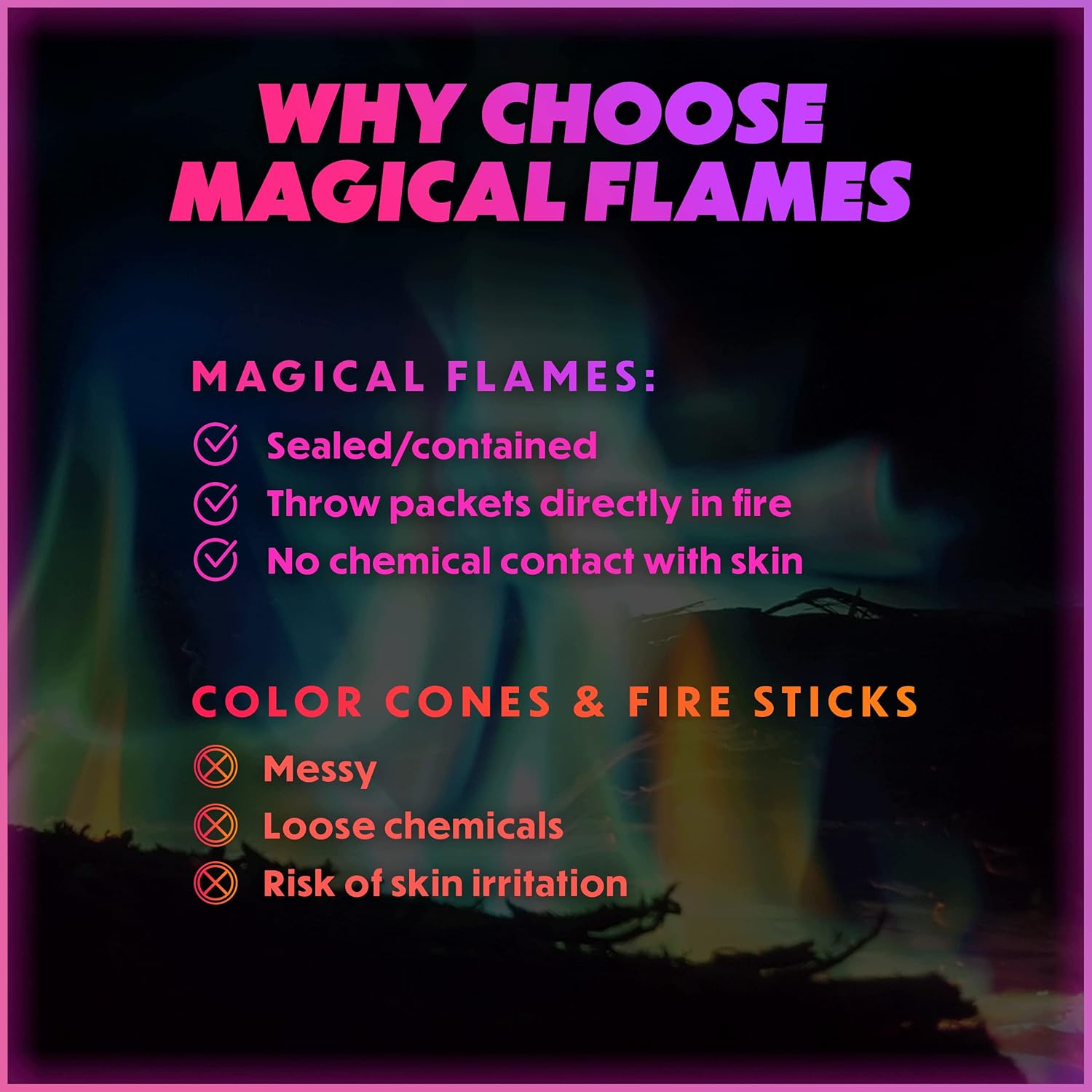 Magical Flames Fire Color Changing Packets - Fire Pit, Campfires, Outdoor Fireplaces - Hue-Changing Cosmic Flame Powder - Camping Accessories for Kids & Adults - 12 Pack