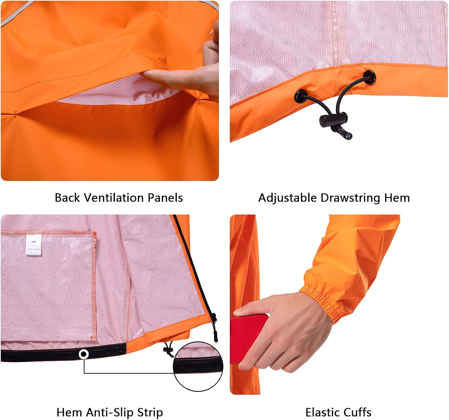 Men's Cycling Running Rain Jacket Lightweight Waterproof Biking Hiking Windbreaker Raincoat Reflective Packable