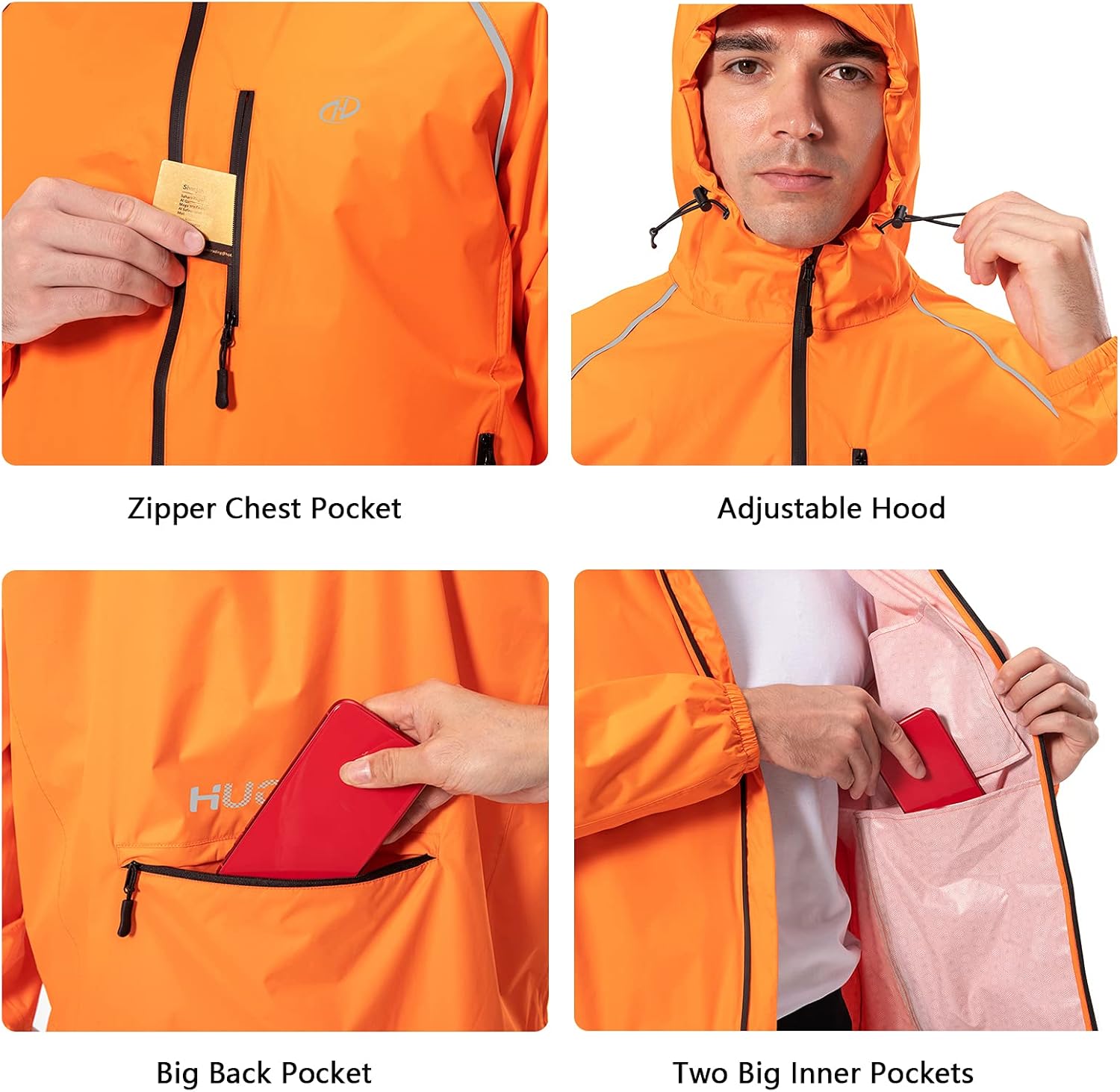 Men's Cycling Running Rain Jacket Lightweight Waterproof Biking Hiking Windbreaker Raincoat Reflective Packable