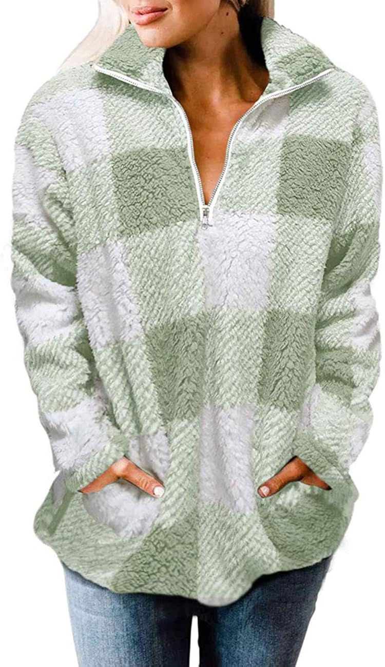 MEROKEETY Women's Plaid Sherpa Fleece Zip Sweatshirt Long Sleeve Pullover Jacket