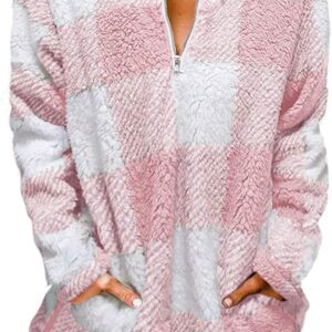 MEROKEETY Women's Plaid Sherpa Fleece Zip Sweatshirt Long Sleeve Pullover Jacket