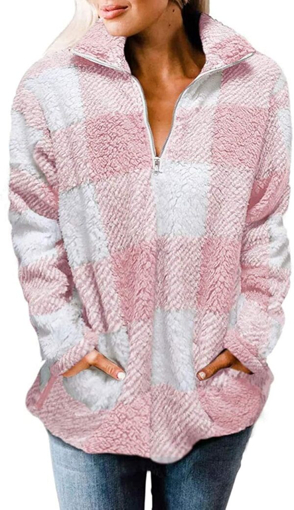 MEROKEETY Women's Plaid Sherpa Fleece Zip Sweatshirt Long Sleeve Pullover Jacket