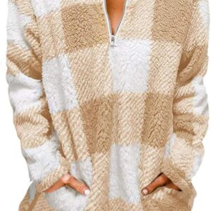 MEROKEETY Women's Plaid Sherpa Fleece Zip Sweatshirt Long Sleeve Pullover Jacket