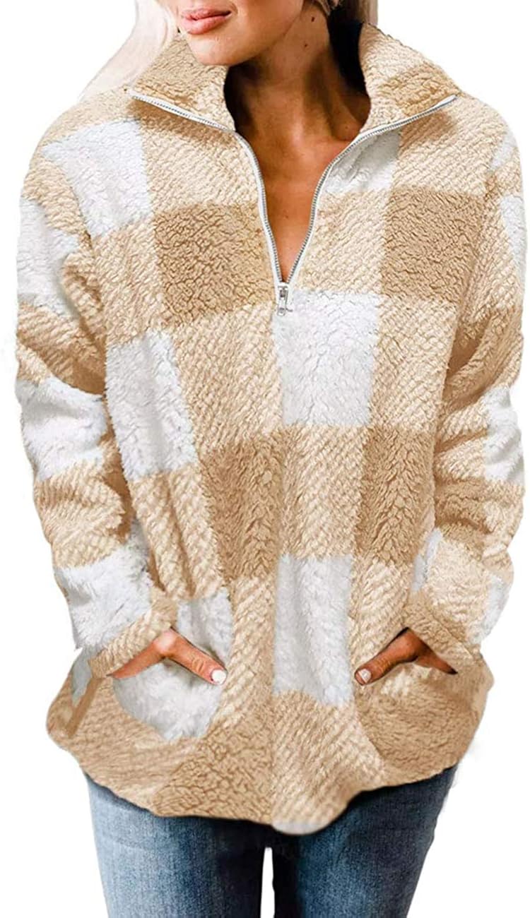 MEROKEETY Women's Plaid Sherpa Fleece Zip Sweatshirt Long Sleeve Pullover Jacket