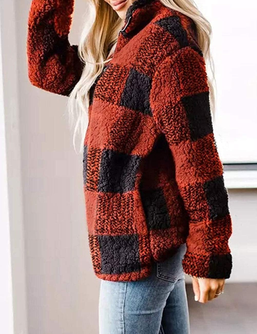 MEROKEETY Women's Plaid Sherpa Fleece Zip Sweatshirt Long Sleeve Pullover Jacket