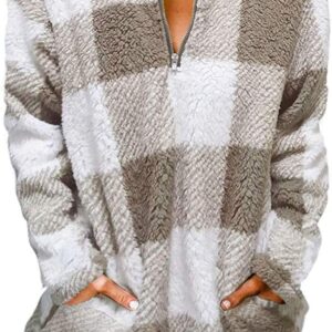 MEROKEETY Women's Plaid Sherpa Fleece Zip Sweatshirt Long Sleeve Pullover Jacket