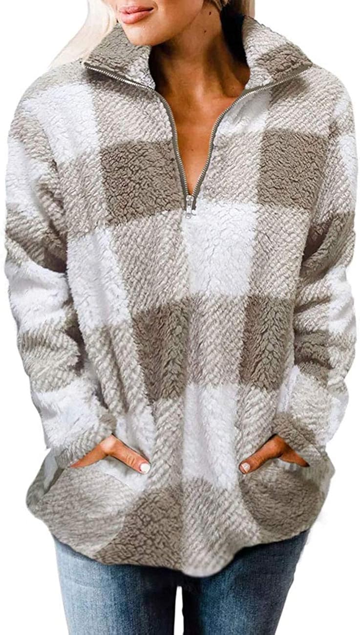 MEROKEETY Women's Plaid Sherpa Fleece Zip Sweatshirt Long Sleeve Pullover Jacket