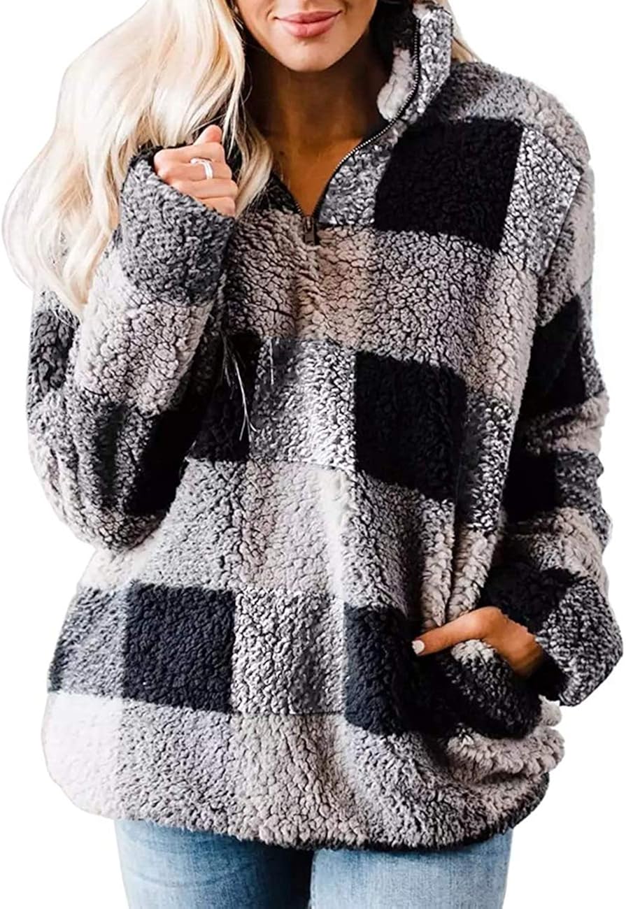 MEROKEETY Women's Plaid Sherpa Fleece Zip Sweatshirt Long Sleeve Pullover Jacket