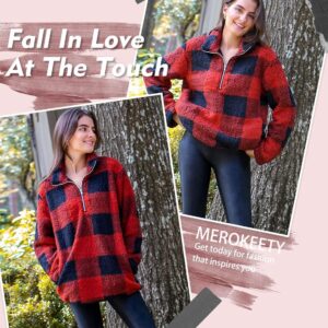 MEROKEETY Women's Plaid Sherpa Fleece Zip Sweatshirt Long Sleeve Pullover Jacket