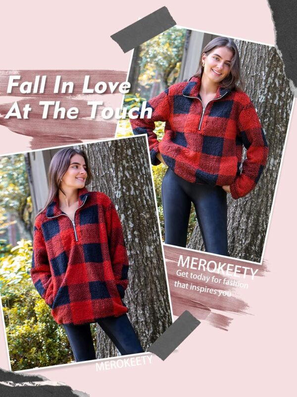 MEROKEETY Women's Plaid Sherpa Fleece Zip Sweatshirt Long Sleeve Pullover Jacket