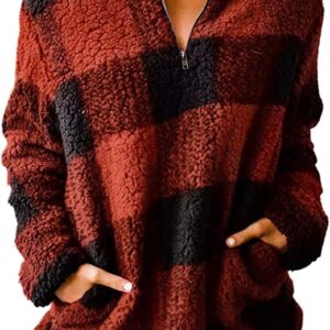 MEROKEETY Women's Plaid Sherpa Fleece Zip Sweatshirt Long Sleeve Pullover Jacket