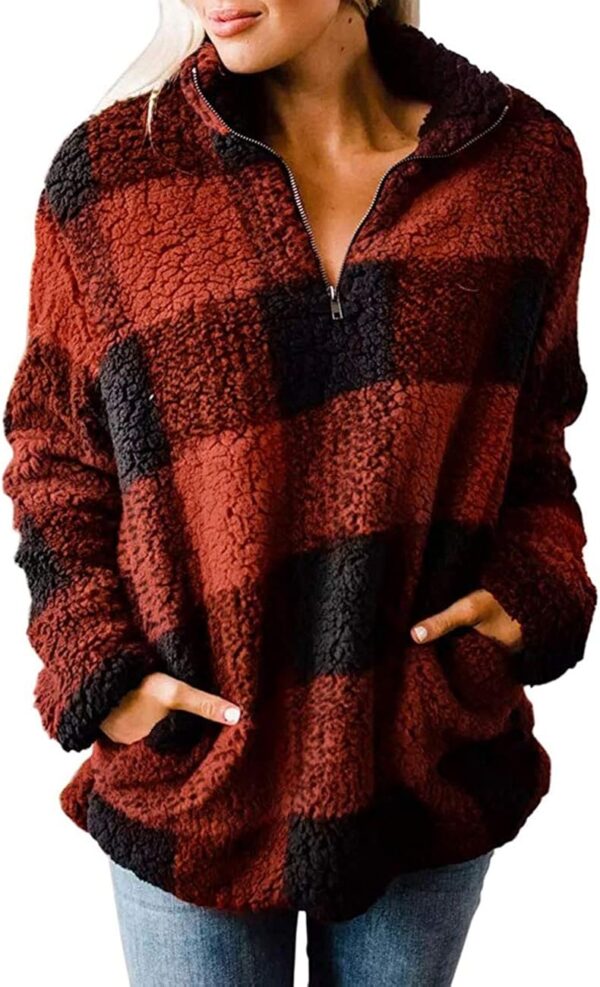 MEROKEETY Women's Plaid Sherpa Fleece Zip Sweatshirt Long Sleeve Pullover Jacket