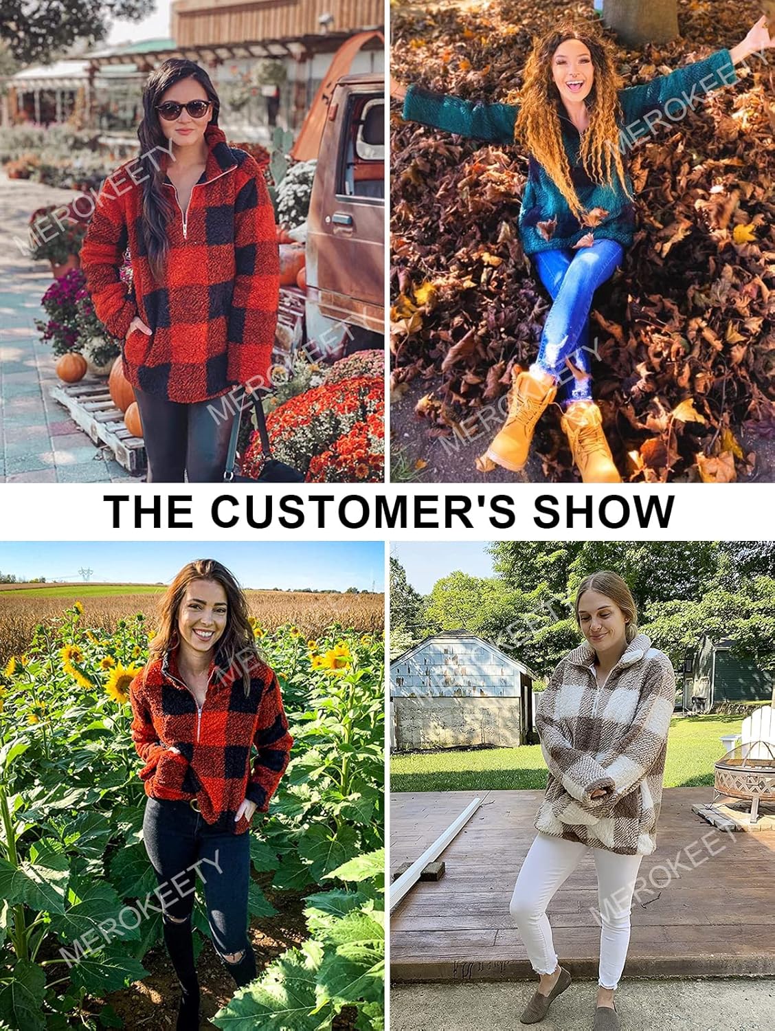 MEROKEETY Women's Plaid Sherpa Fleece Zip Sweatshirt Long Sleeve Pullover Jacket