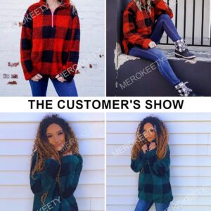 MEROKEETY Women's Plaid Sherpa Fleece Zip Sweatshirt Long Sleeve Pullover Jacket
