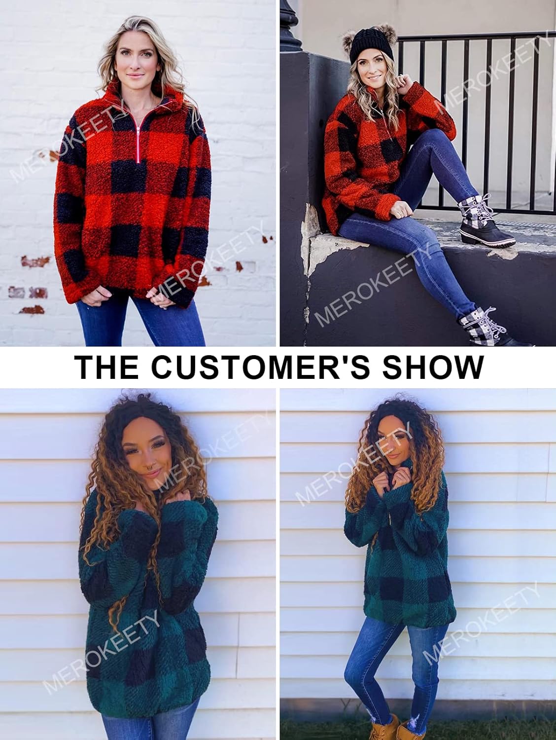 MEROKEETY Women's Plaid Sherpa Fleece Zip Sweatshirt Long Sleeve Pullover Jacket