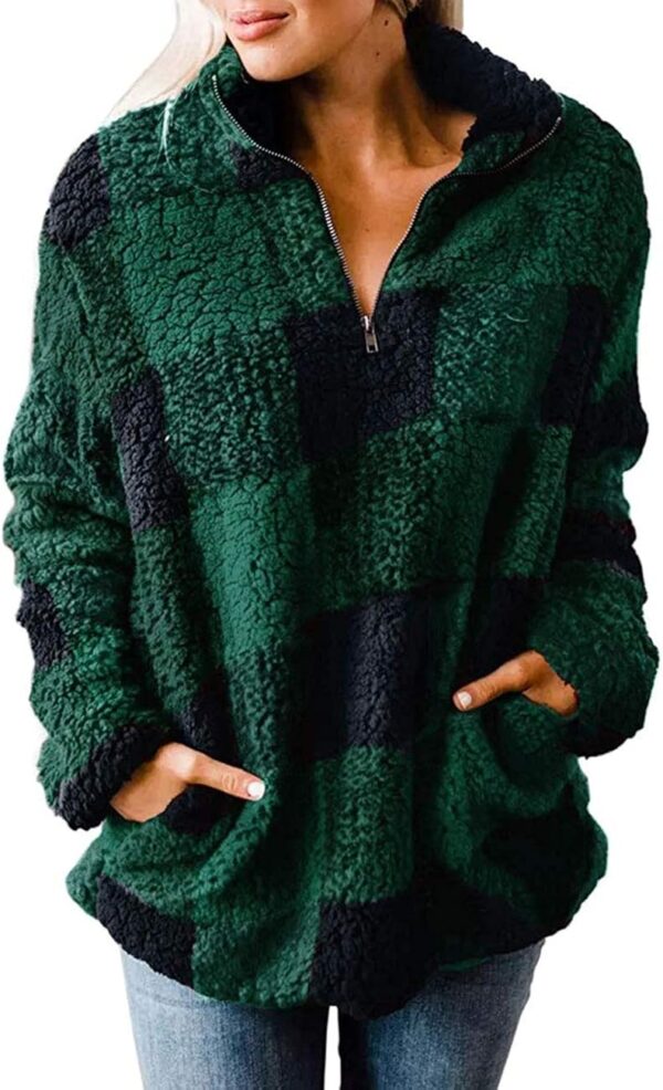 MEROKEETY Women's Plaid Sherpa Fleece Zip Sweatshirt Long Sleeve Pullover Jacket