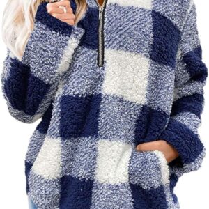 MEROKEETY Women's Plaid Sherpa Fleece Zip Sweatshirt Long Sleeve Pullover Jacket