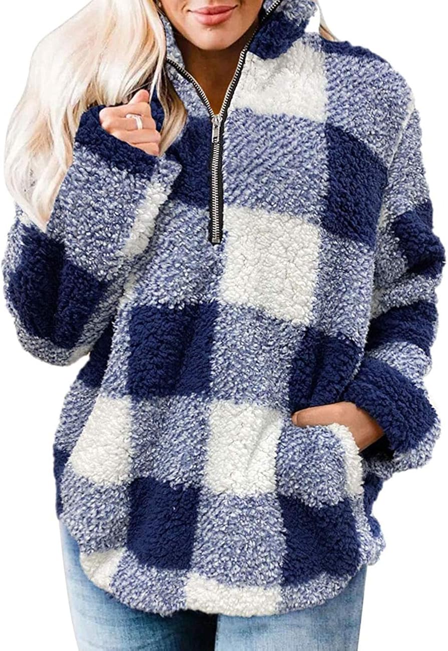 MEROKEETY Women's Plaid Sherpa Fleece Zip Sweatshirt Long Sleeve Pullover Jacket