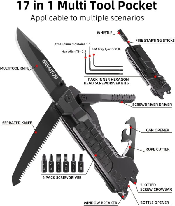 Multitool Knife 17 in 1Fire Starting Sticks, Bottle Opener, Saw Screwdrivers Bottle Opener, Whistle, Window Breaker and More -Perfect for Camping, Outdoorl, Survival and Everyday Use,Gifts for Men Dad