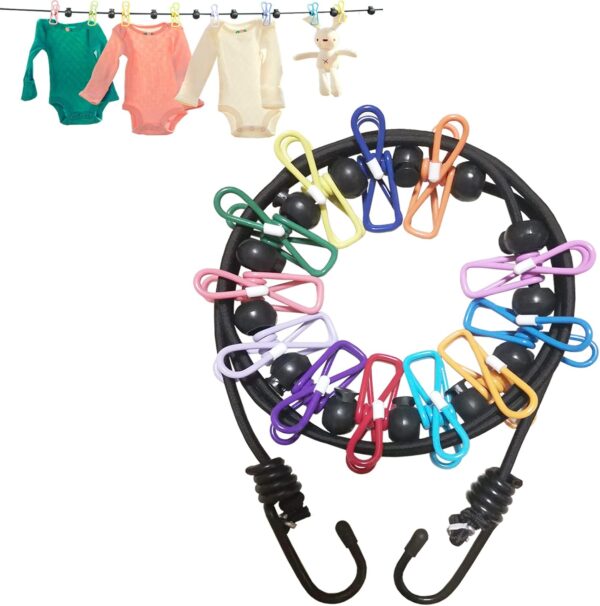 Portable Travel Clothes Line with 12 Clothespins, Windproof Travel Clothesline Stretchy Elastic for Indoor Laundry Drying line,Outdoor Camping Accessories (Black)