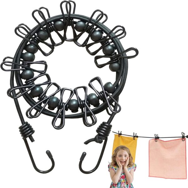 Portable Travel Clothes Line with 12 Clothespins, Windproof Travel Clothesline Stretchy Elastic for Indoor Laundry Drying line,Outdoor Camping Accessories (Black)